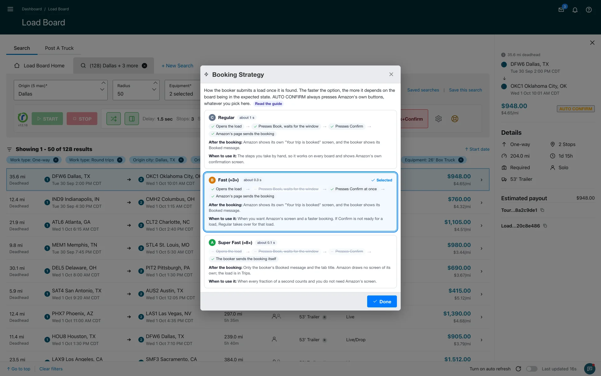 Booking Strategy window: Regular about 1 s, Fast about 0.3 s, Super Fast about 0.1 s