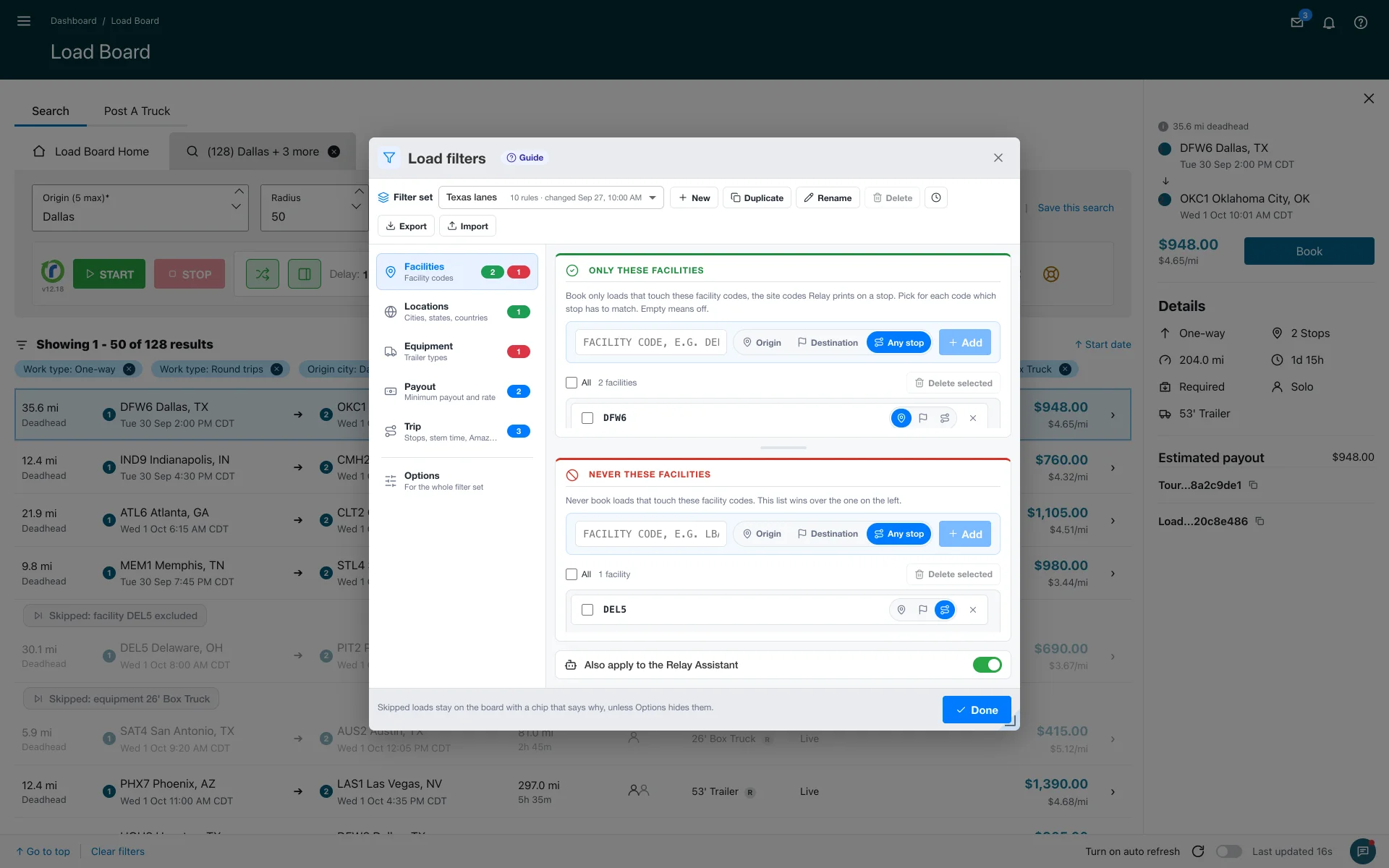 Load filters, Facilities view, and two skipped loads with their chips