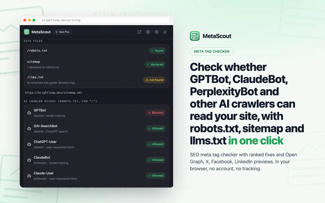 MetaScout Robots & AI tab: robots.txt, sitemap and llms.txt status with per-crawler access for GPTBot, ClaudeBot and PerplexityBot
