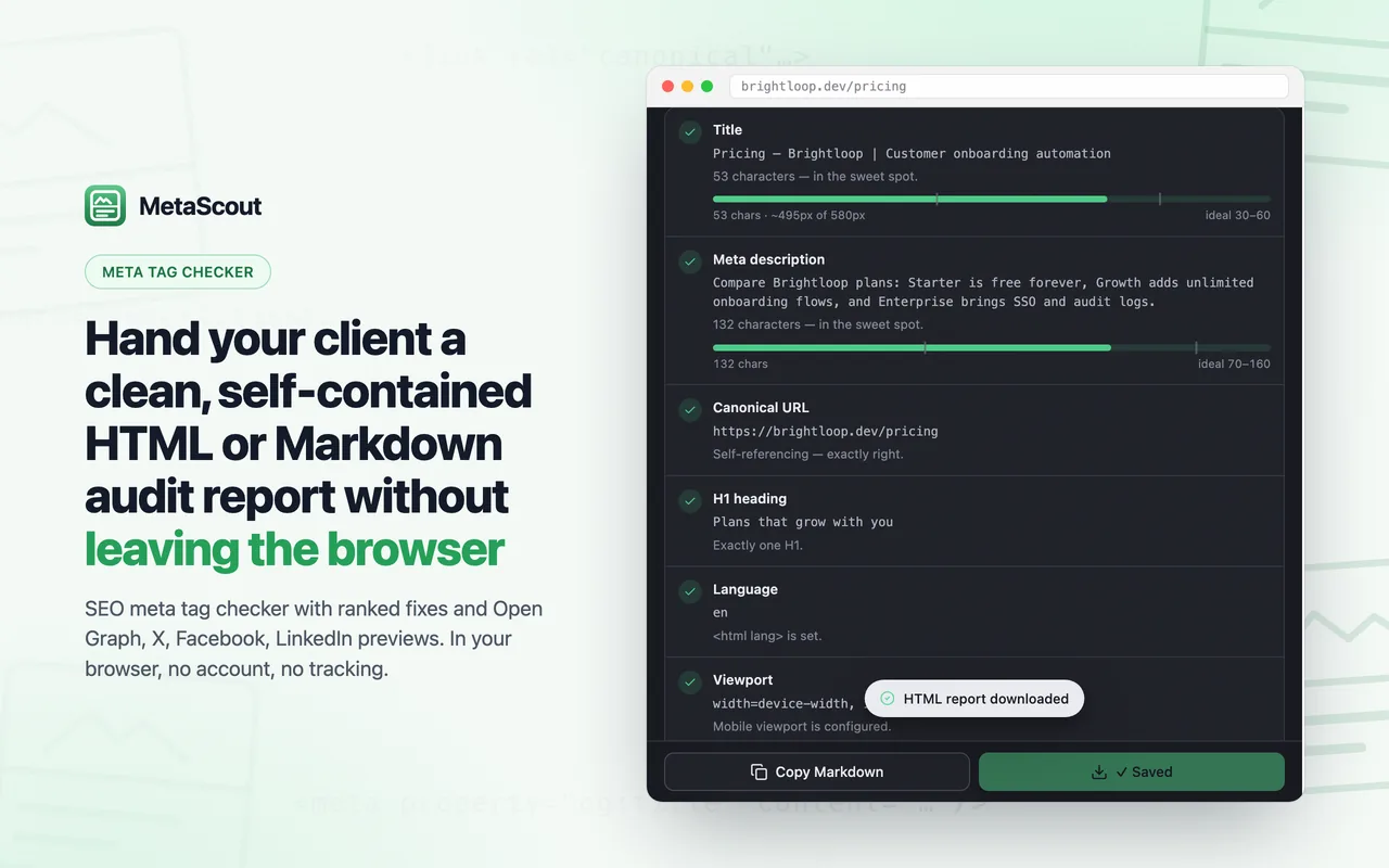 MetaScout report export: a self-contained HTML audit report with the top improvements first