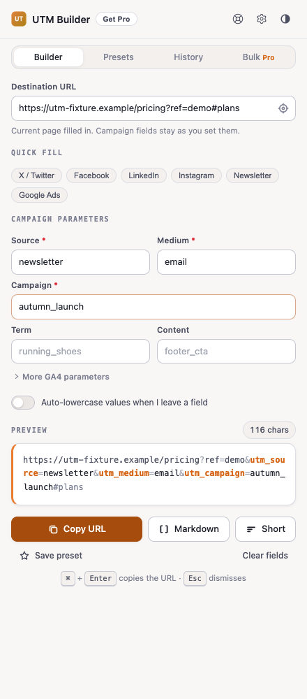 UTM Builder with the current page URL, campaign fields and tagged link preview