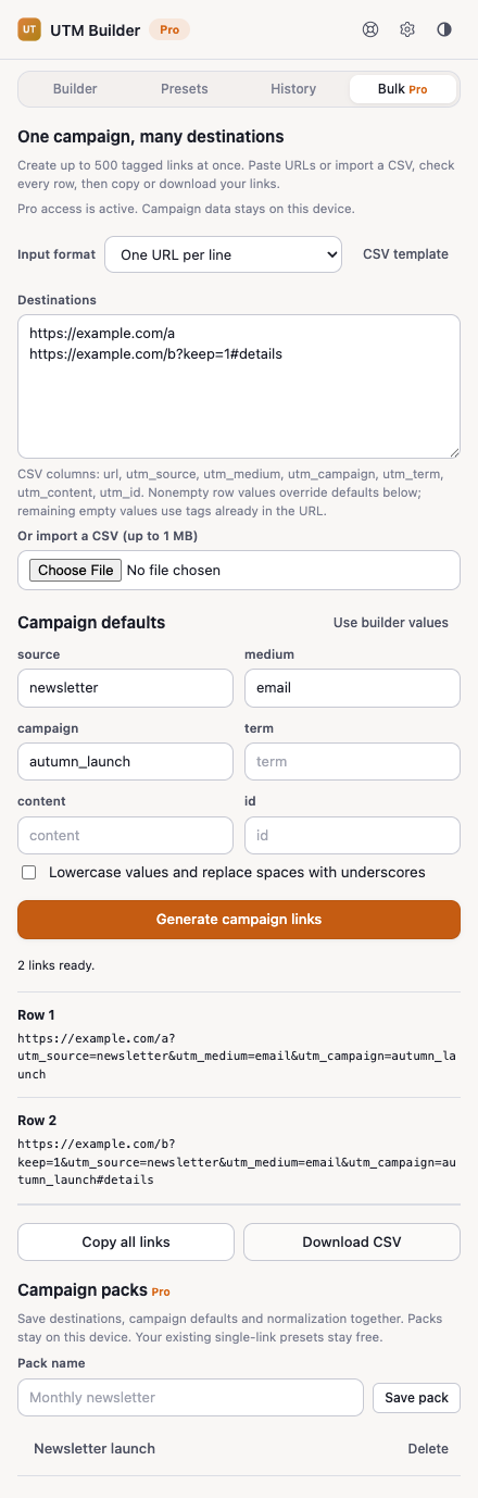 Bulk campaign defaults, two generated URLs, CSV export and a saved campaign pack